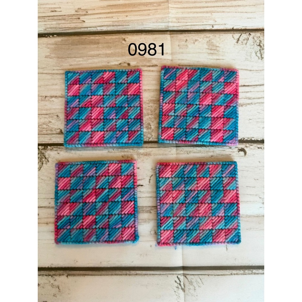 Handmade Needlepoint Coasters Set of 4 Pink Blue Purple Plastic Canvas Felt Back